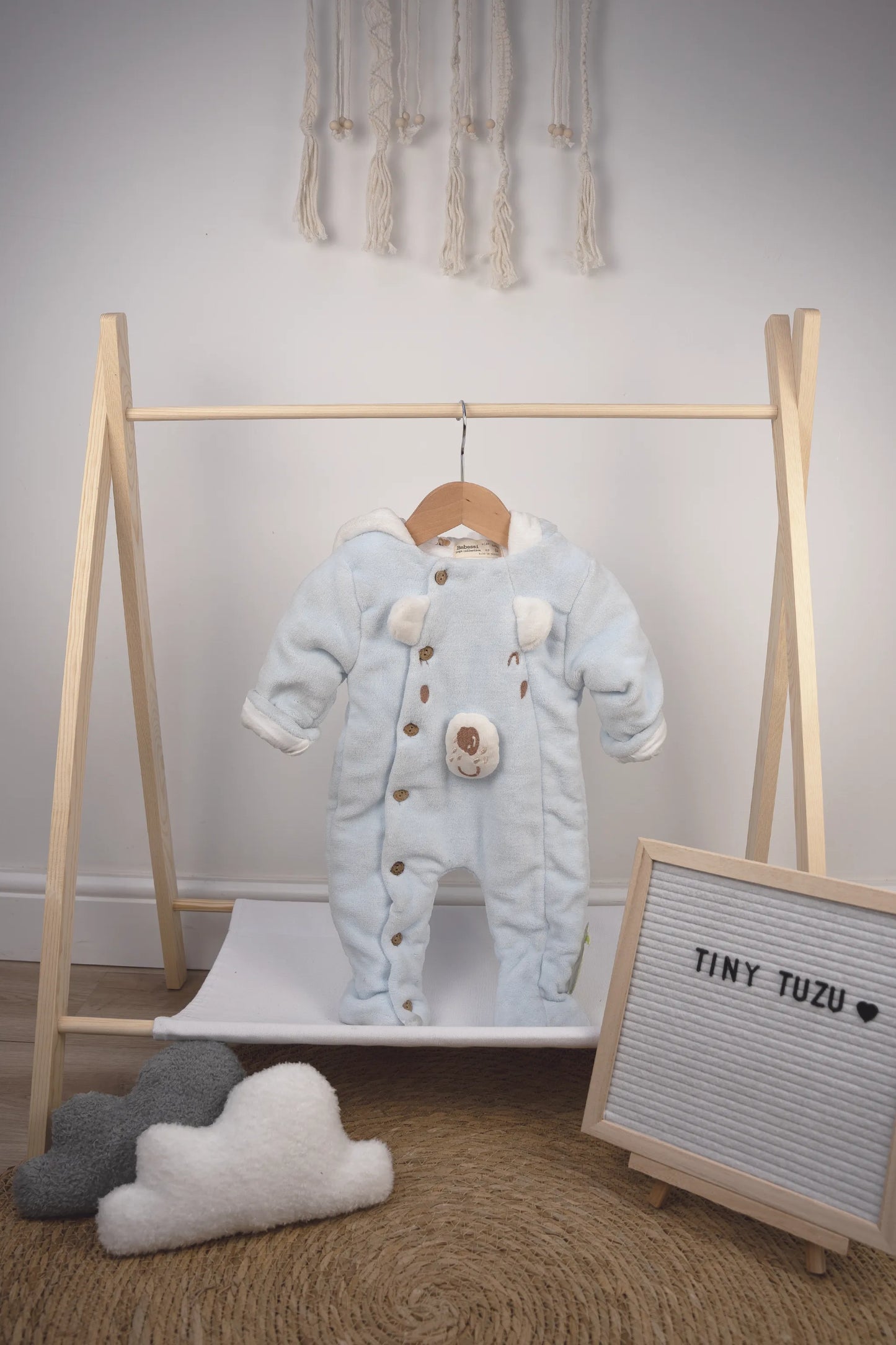 PLUSH BABY SNOWSUIT WITH BEAR FACE DESIGN - BLUE