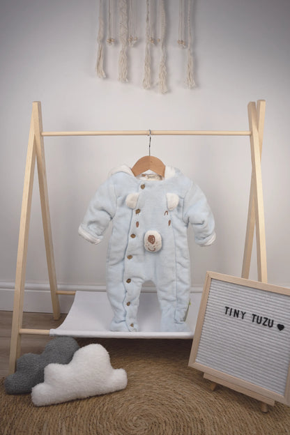 PLUSH BABY SNOWSUIT WITH BEAR FACE DESIGN - BLUE