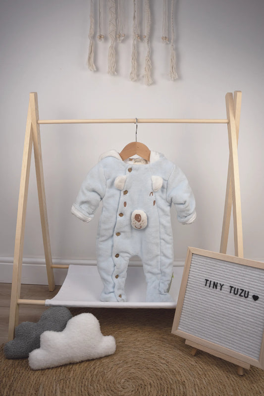 PLUSH BABY SNOWSUIT WITH BEAR FACE DESIGN - BLUE