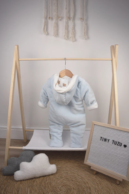 PLUSH BABY SNOWSUIT WITH BEAR FACE DESIGN - BLUE