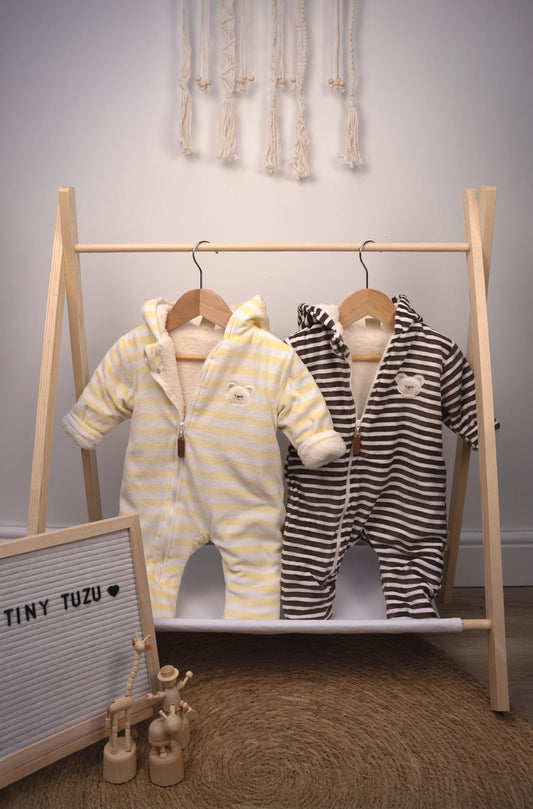 STRIPED HOODED BABY SNOWSUIT WITH BEAR PATCH - BROWN & YELLOW