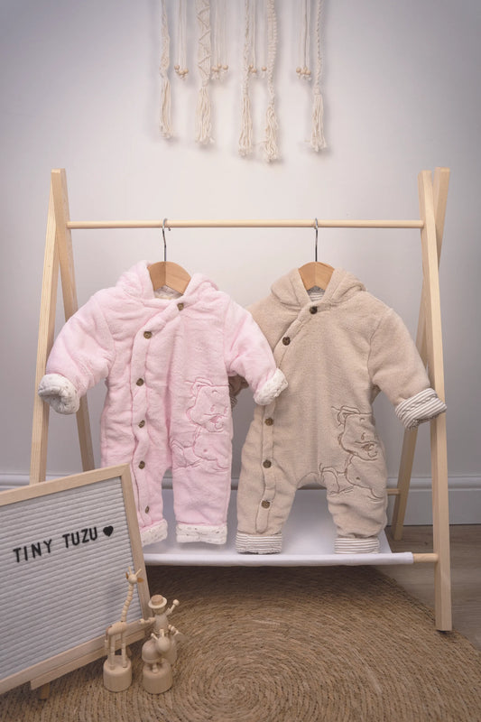 PLUSH HOODED BABY SNOWSUIT WITH BEAR DETAIL
