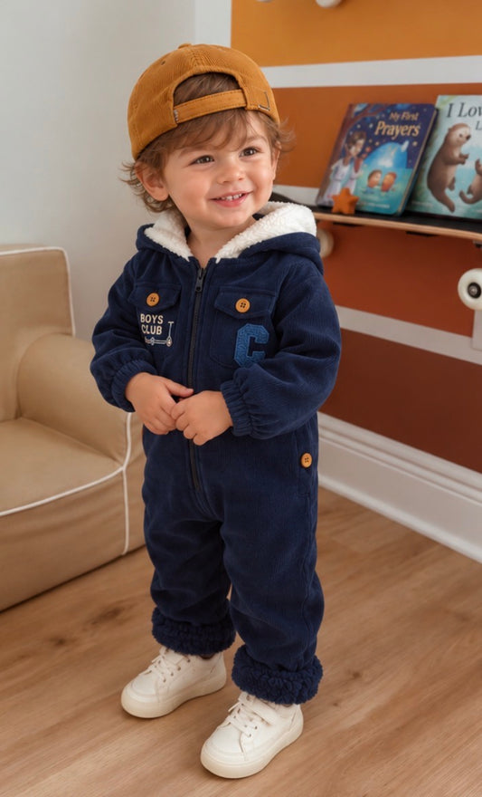 NAVY BLUE HOODED BABY JUMPSUIT WITH FLEECE LINING & ‘BOYS CLUB’ SLOGAN