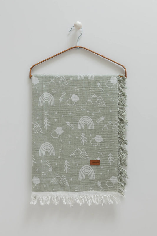SOFT MUSLIN BABY BLANKET WITH FRINGED EDGES – COZY & STYLISH IN KHAKI AND NAVY 120X120 CM