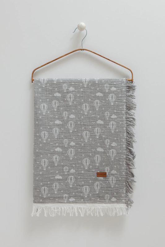 SOFT MUSLIN BABY BLANKET WITH HOT AIR BALLOON PRINT & FRINGED EDGES – GRAY, 120X120 CM