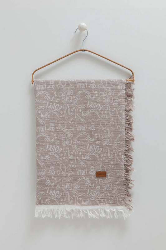 PLAYFUL MUSLIN BABY BLANKET WITH TYPOGRAPHY PRINT & FRINGED EDGES – BROWN & GREEN, 120X120 CM