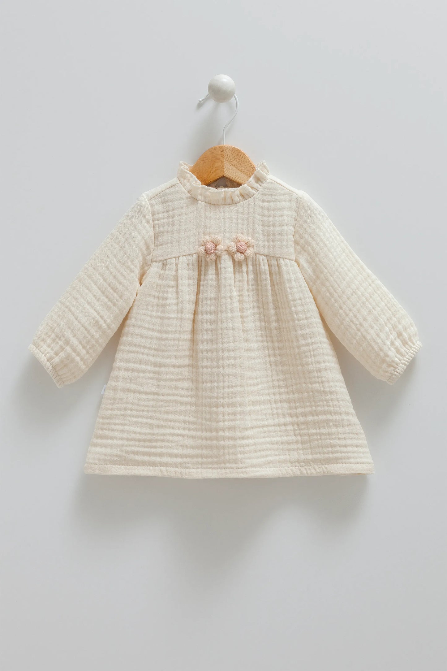 CHARMING LONG-SLEEVE BABY MUSLIN DRESS WITH RUFFLE NECKLINE - PINK, BEIGE & BROWN