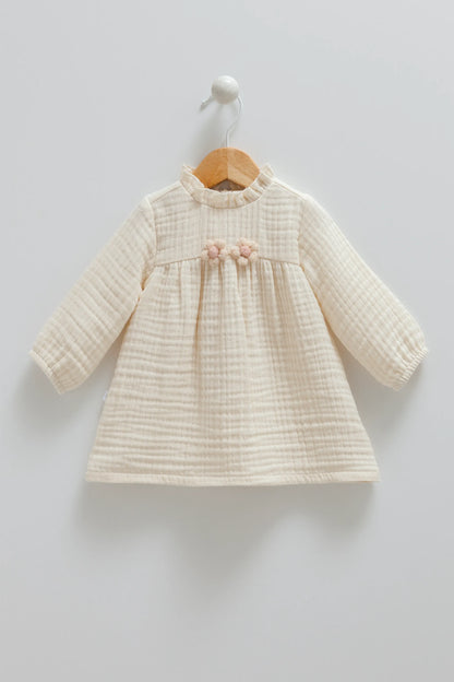 CHARMING LONG-SLEEVE BABY MUSLIN DRESS WITH RUFFLE NECKLINE - PINK, BEIGE & BROWN