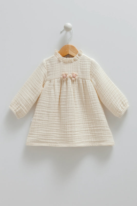 CHARMING LONG-SLEEVE BABY MUSLIN DRESS WITH RUFFLE NECKLINE - PINK, BEIGE & BROWN