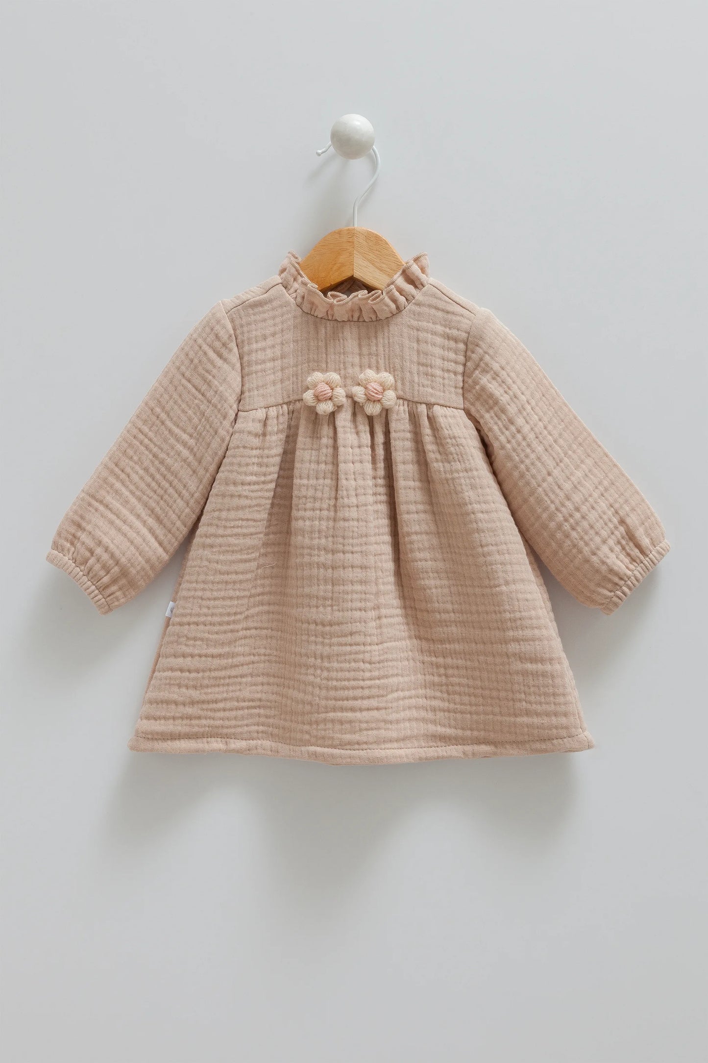 CHARMING LONG-SLEEVE BABY MUSLIN DRESS WITH RUFFLE NECKLINE - PINK, BEIGE & BROWN