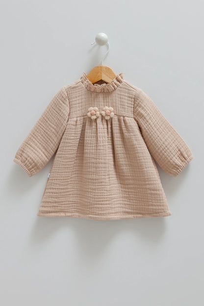 CHARMING LONG-SLEEVE BABY MUSLIN DRESS WITH RUFFLE NECKLINE - PINK, BEIGE & BROWN