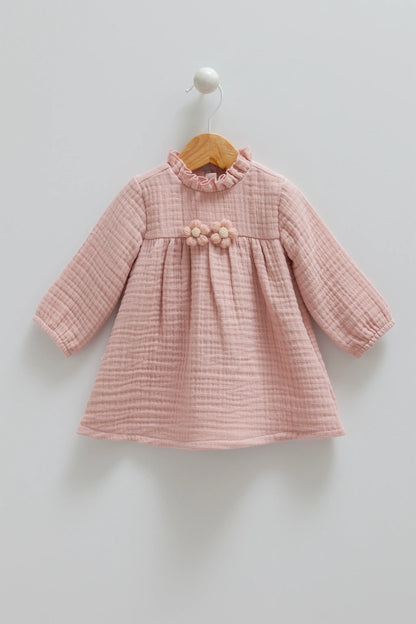 CHARMING LONG-SLEEVE BABY MUSLIN DRESS WITH RUFFLE NECKLINE - PINK, BEIGE & BROWN