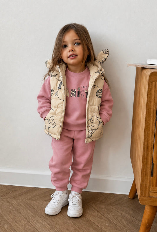 BUNNY HOODED 3-PIECE QUILTED OUTFIT SET – PINK & PURPLE (6-24M)