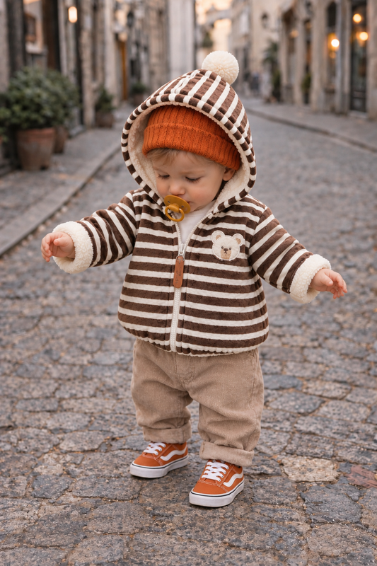 Brown Striped Baby Hooded Jacket With Bear Patch - 0 to 12 Months