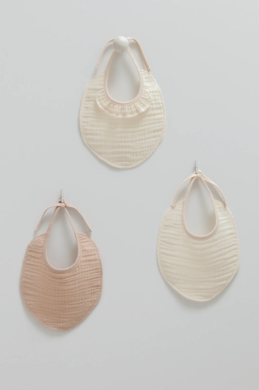 RUFFLED MUSLIN BABY BIBS – 3-PACK SET, SOFT & ABSORBENT IN PINK, BEIGE, AND CREAM