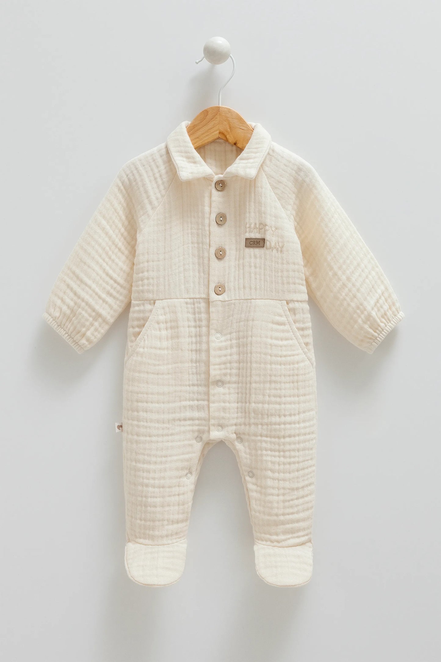 LIGHTWEIGHT CLASSIC BABY MUSLIN ROMPER WITH BUTTON-UP FRONT AND SNAP CLOSURE - BEIGE, GREY, NAVY & BROWN
