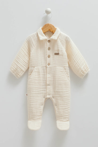 LIGHTWEIGHT CLASSIC BABY MUSLIN ROMPER WITH BUTTON-UP FRONT AND SNAP CLOSURE - BEIGE, GREY, NAVY & BROWN