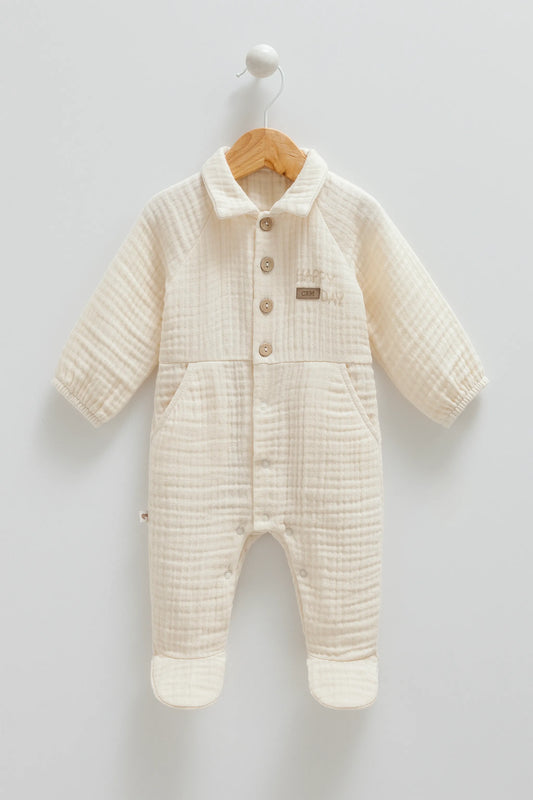 LIGHTWEIGHT CLASSIC BABY MUSLIN ROMPER WITH BUTTON-UP FRONT AND SNAP CLOSURE - BEIGE, GREY, NAVY & BROWN