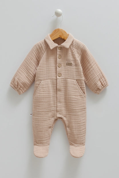 LIGHTWEIGHT CLASSIC BABY MUSLIN ROMPER WITH BUTTON-UP FRONT AND SNAP CLOSURE - BEIGE, GREY, NAVY & BROWN