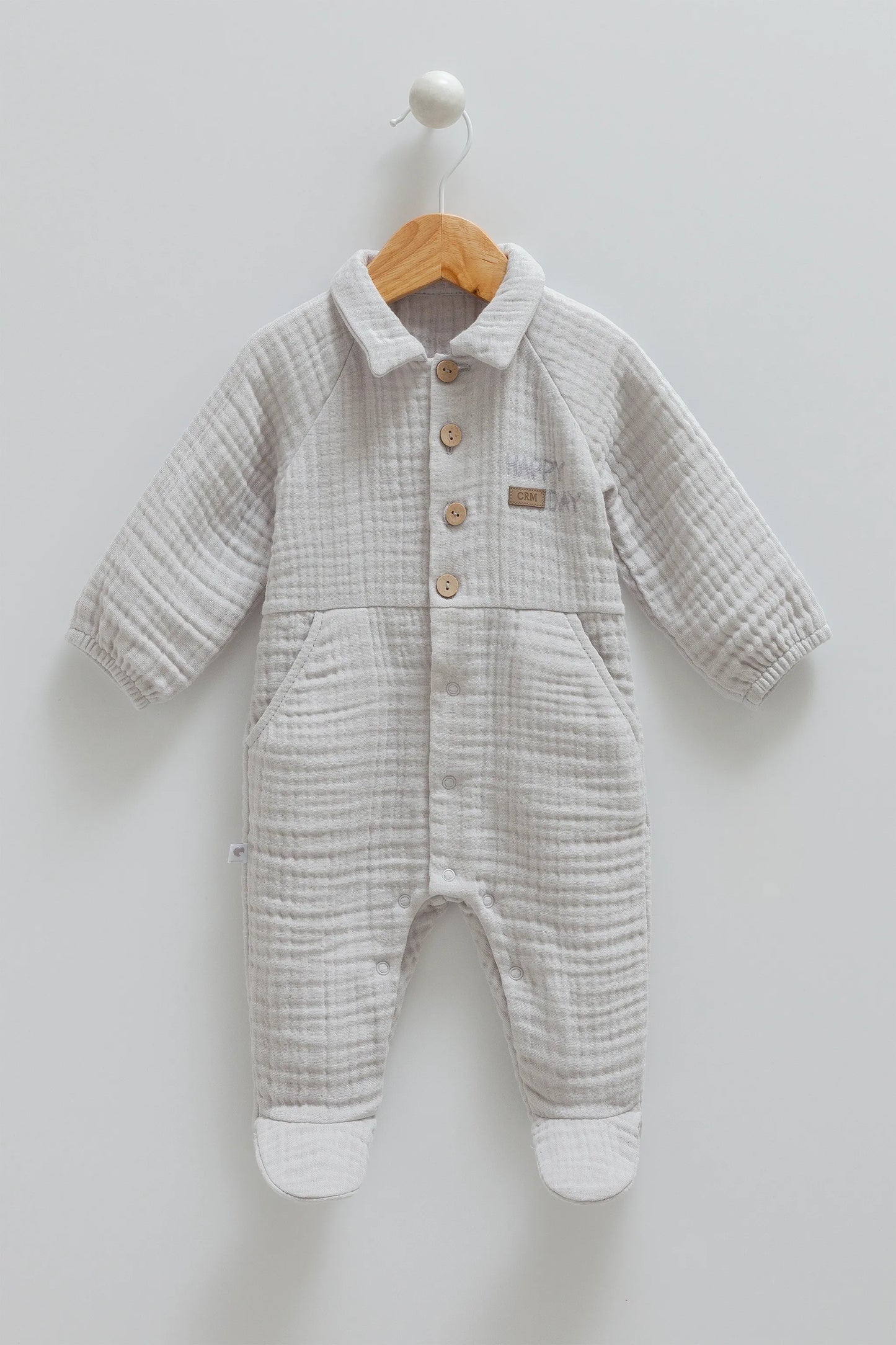 LIGHTWEIGHT CLASSIC BABY MUSLIN ROMPER WITH BUTTON-UP FRONT AND SNAP CLOSURE - BEIGE, GREY, NAVY & BROWN