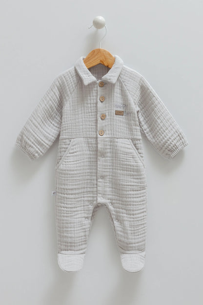 LIGHTWEIGHT CLASSIC BABY MUSLIN ROMPER WITH BUTTON-UP FRONT AND SNAP CLOSURE - BEIGE, GREY, NAVY & BROWN