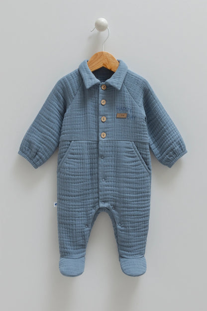 LIGHTWEIGHT CLASSIC BABY MUSLIN ROMPER WITH BUTTON-UP FRONT AND SNAP CLOSURE - BEIGE, GREY, NAVY & BROWN