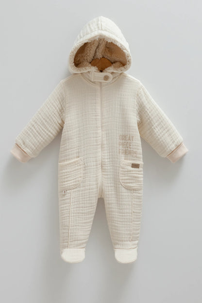 COZY HOODED BABY MUSLIN JUMPSUIT WITH SOFT FLEECE LINING - NAVY, BEIGE, GREY & BROWN