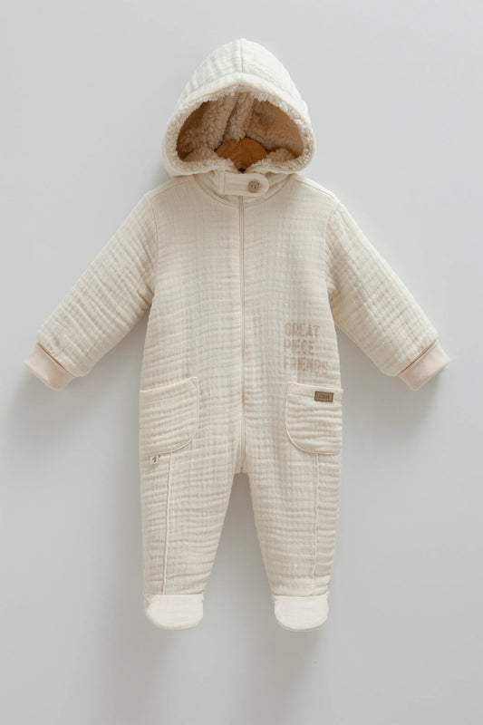 COZY HOODED BABY MUSLIN JUMPSUIT WITH SOFT FLEECE LINING - NAVY, BEIGE, GREY & BROWN