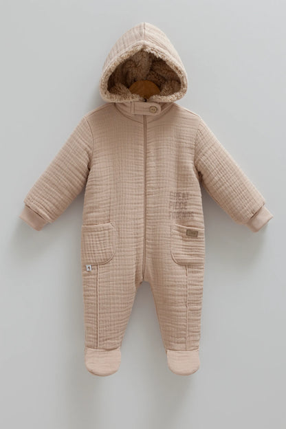 COZY HOODED BABY MUSLIN JUMPSUIT WITH SOFT FLEECE LINING - NAVY, BEIGE, GREY & BROWN