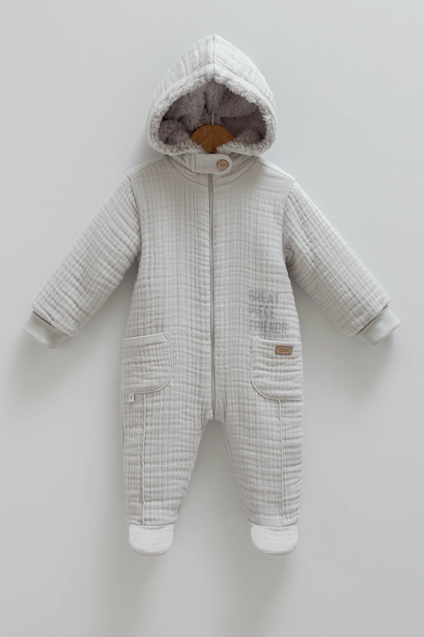 COZY HOODED BABY MUSLIN JUMPSUIT WITH SOFT FLEECE LINING - NAVY, BEIGE, GREY & BROWN