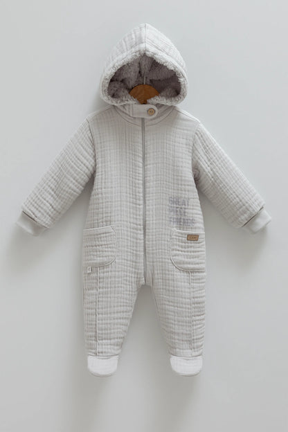 COZY HOODED BABY MUSLIN JUMPSUIT WITH SOFT FLEECE LINING - NAVY, BEIGE, GREY & BROWN