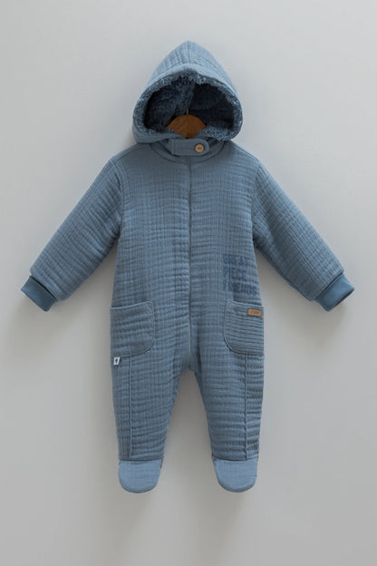 COZY HOODED BABY MUSLIN JUMPSUIT WITH SOFT FLEECE LINING - NAVY, BEIGE, GREY & BROWN