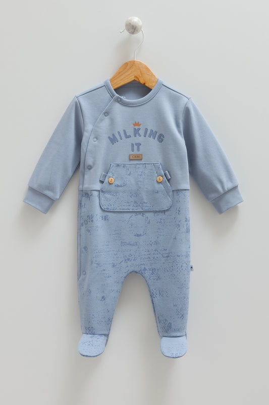 MILKING IT BABY ROMPER WITH ADORABLE SLOGAN & FRONT POCKET IN BLUE