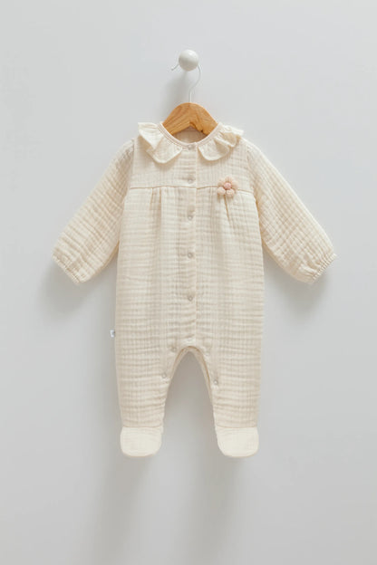 ADORABLE BABY MUSLIN JUMPSUIT WITH RUFFLED COLLAR AND SNAP BOTTOMS - PINK, BEIGE & BROWN