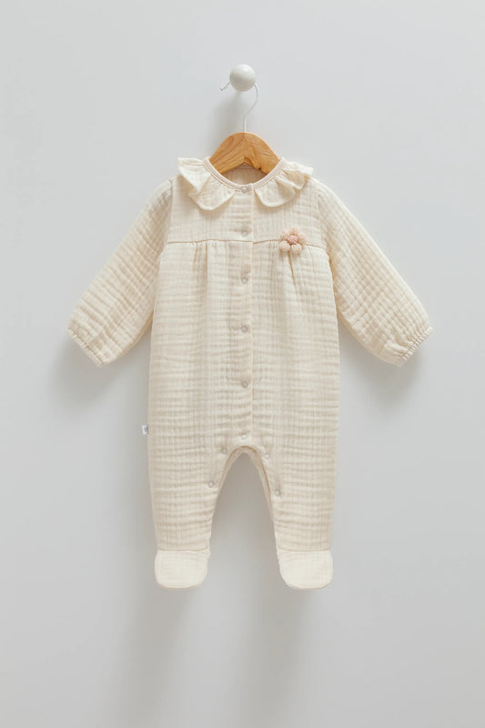 ADORABLE BABY MUSLIN JUMPSUIT WITH RUFFLED COLLAR AND SNAP BOTTOMS - PINK, BEIGE & BROWN