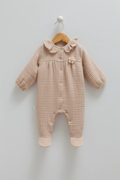 ADORABLE BABY MUSLIN JUMPSUIT WITH RUFFLED COLLAR AND SNAP BOTTOMS - PINK, BEIGE & BROWN