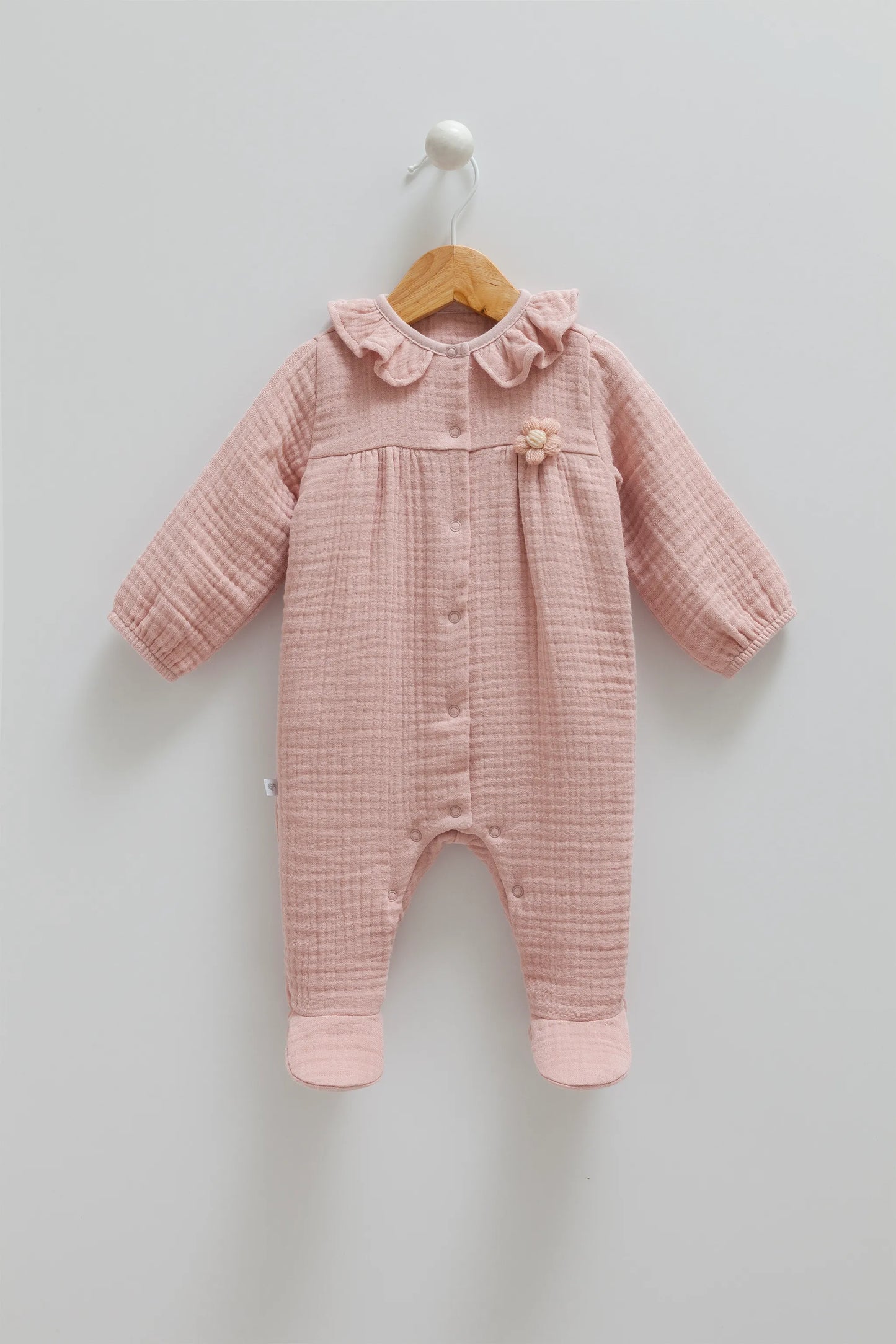 ADORABLE BABY MUSLIN JUMPSUIT WITH RUFFLED COLLAR AND SNAP BOTTOMS - PINK, BEIGE & BROWN