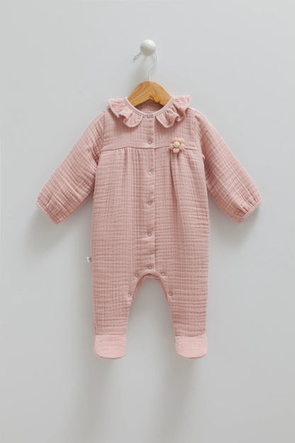 ADORABLE BABY MUSLIN JUMPSUIT WITH RUFFLED COLLAR AND SNAP BOTTOMS - PINK, BEIGE & BROWN
