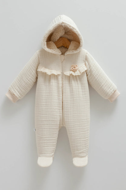 COZY HOODED BABY MUSLIN JUMPSUIT WITH SOFT INNER LINING AND ZIP CLOSURE - PINK, BEIGE & BROWN
