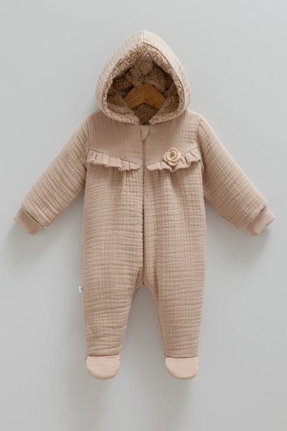 COZY HOODED BABY MUSLIN JUMPSUIT WITH SOFT INNER LINING AND ZIP CLOSURE - PINK, BEIGE & BROWN