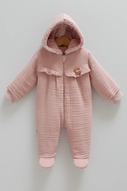 COZY HOODED BABY MUSLIN JUMPSUIT WITH SOFT INNER LINING AND ZIP CLOSURE - PINK, BEIGE & BROWN