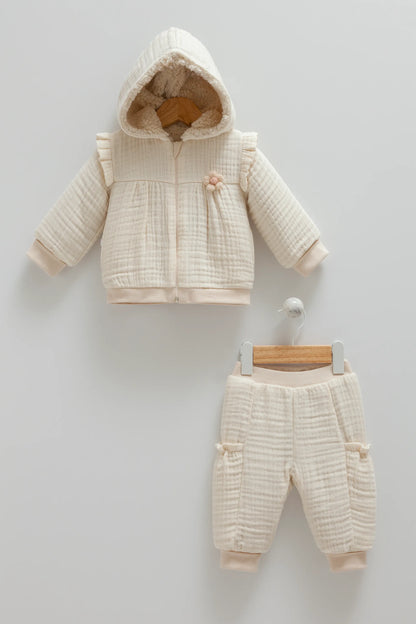 COZY HOODED BABY TWO-PIECE MUSLIN OUTFIT - JACKET AND PANTS SET WITH SOFT INNER LINING