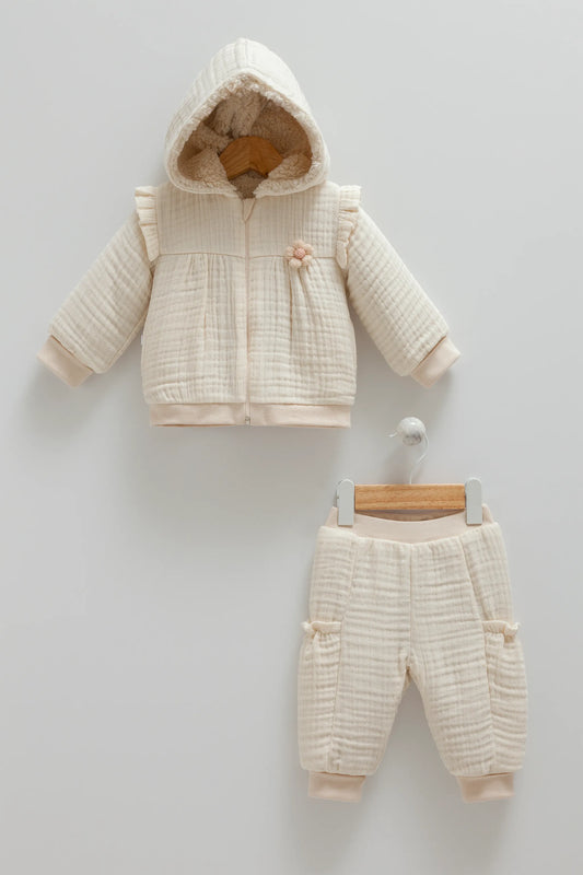 COZY HOODED BABY TWO-PIECE MUSLIN OUTFIT - JACKET AND PANTS SET WITH SOFT INNER LINING