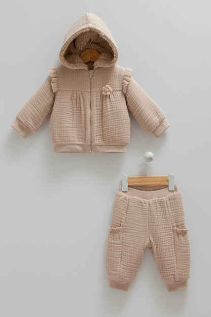 COZY HOODED BABY TWO-PIECE MUSLIN OUTFIT - JACKET AND PANTS SET WITH SOFT INNER LINING