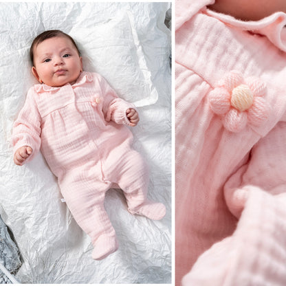 ADORABLE BABY MUSLIN JUMPSUIT WITH RUFFLED COLLAR AND SNAP BOTTOMS - PINK, BEIGE & BROWN