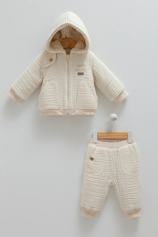 SNUGGLY WINTER BABY OUTFIT - FLEECE-LINED HOODED JACKET & PANTS SET IN COZY MUSLIN - NAVY, BEIGE, GREY & BROWN