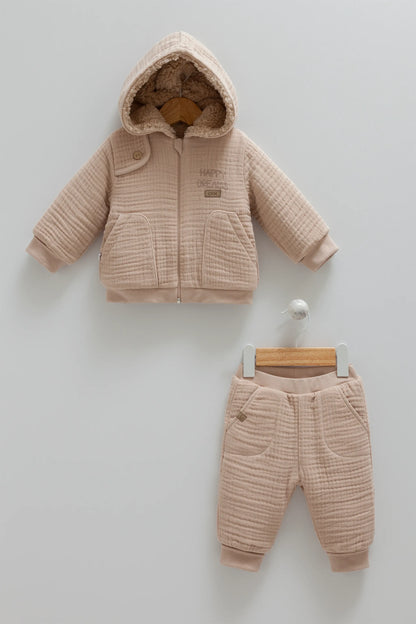 SNUGGLY WINTER BABY OUTFIT - FLEECE-LINED HOODED JACKET & PANTS SET IN COZY MUSLIN - NAVY, BEIGE, GREY & BROWN