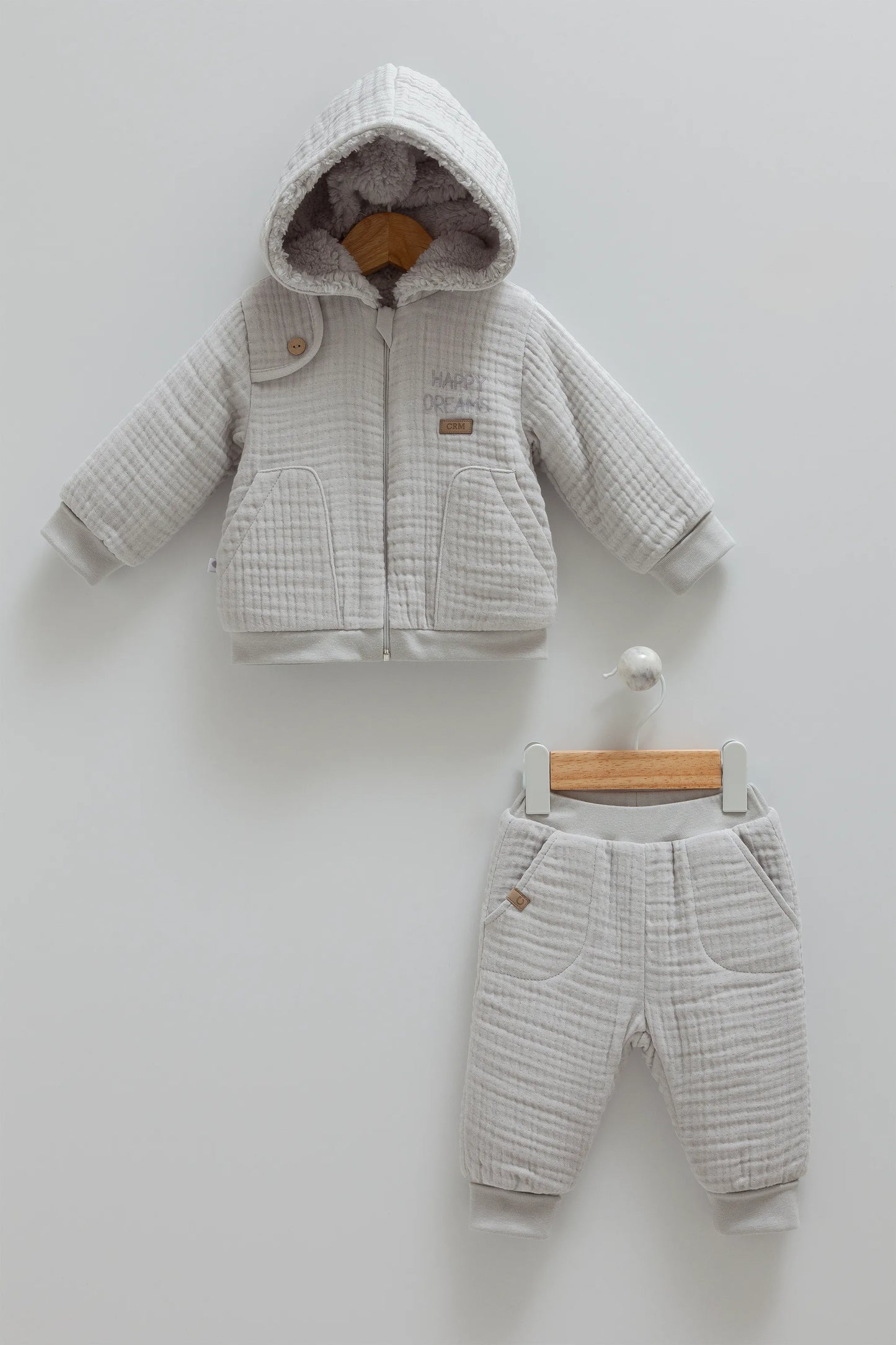 SNUGGLY WINTER BABY OUTFIT - FLEECE-LINED HOODED JACKET & PANTS SET IN COZY MUSLIN - NAVY, BEIGE, GREY & BROWN