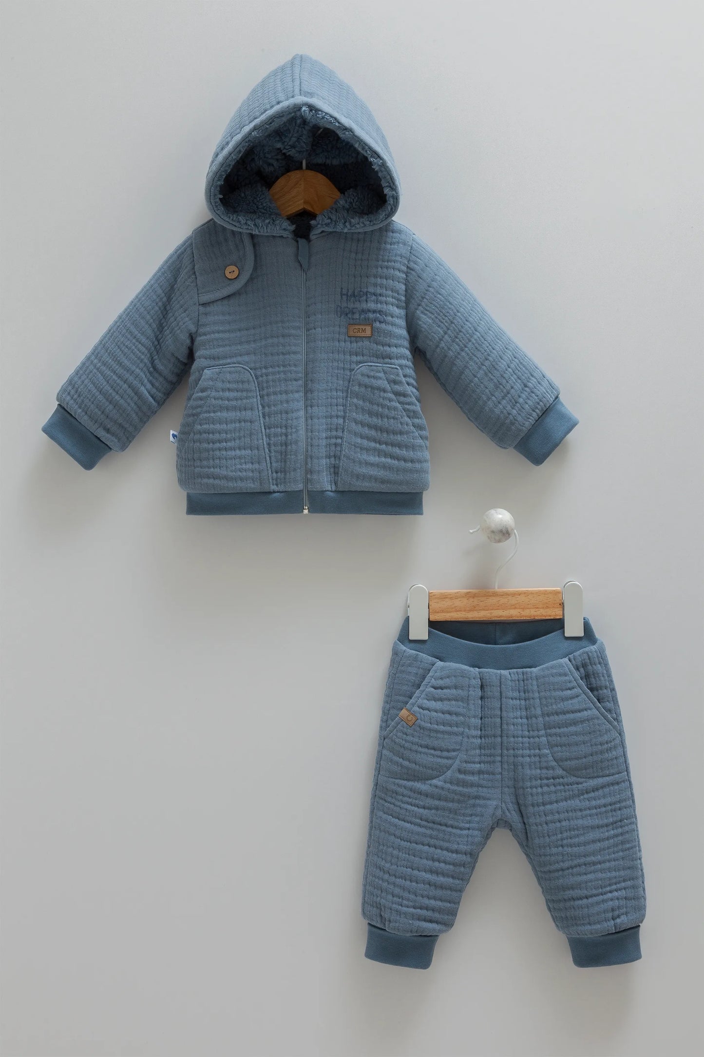 SNUGGLY WINTER BABY OUTFIT - FLEECE-LINED HOODED JACKET & PANTS SET IN COZY MUSLIN - NAVY, BEIGE, GREY & BROWN