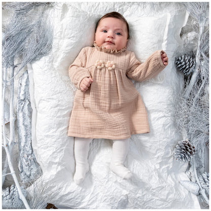 CHARMING LONG-SLEEVE BABY MUSLIN DRESS WITH RUFFLE NECKLINE - PINK, BEIGE & BROWN